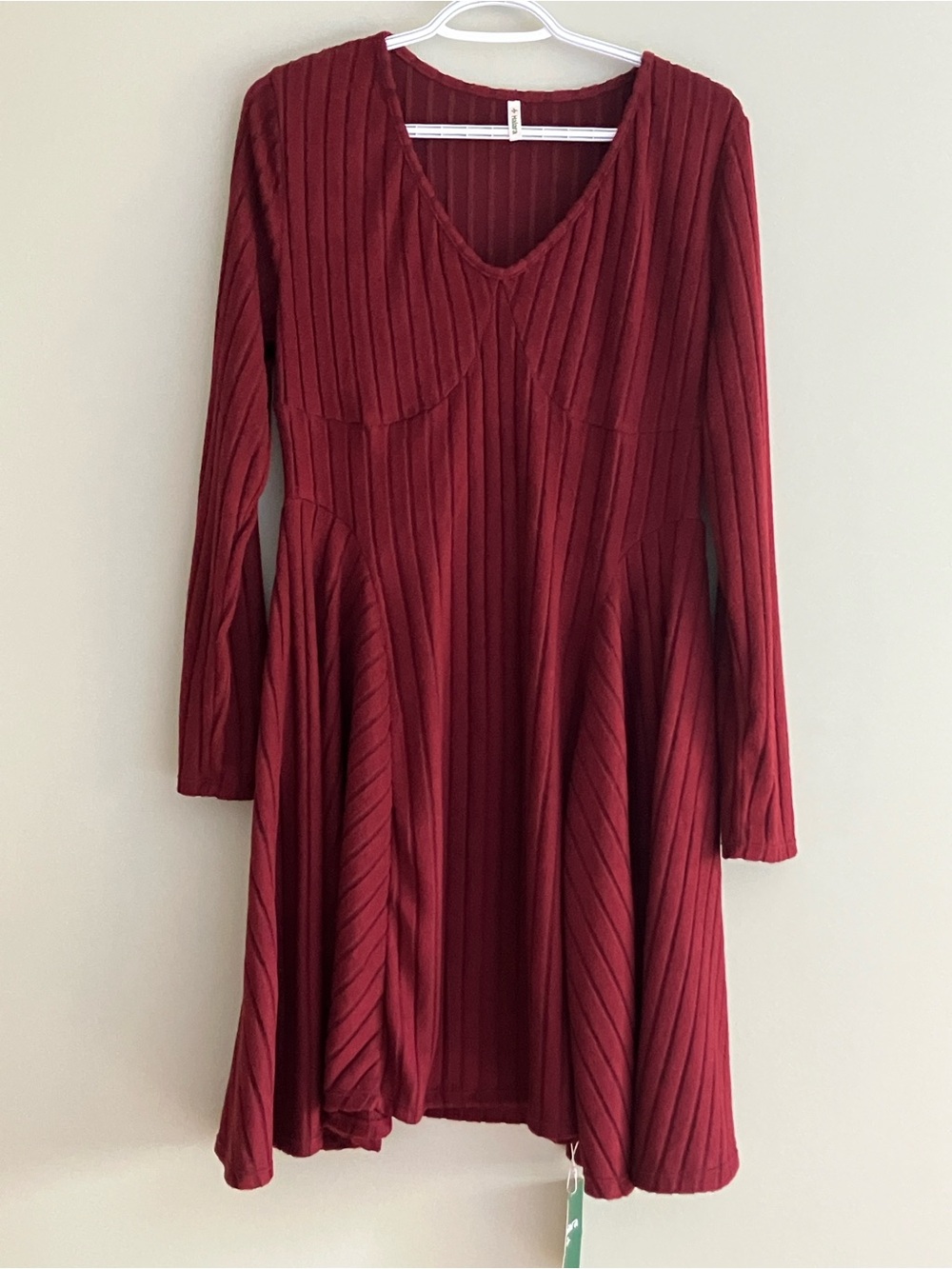Halara Ribbed Knit V Neck Long Sleeve Flare Midi Casual Dress Red